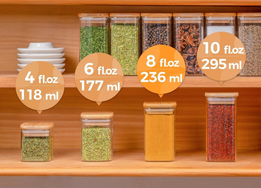 20 Pcs 8oz airtight glass spice jar containers with bamboo lids and a clear acrylic 4-tier organizer, 98 written labels and 21 blank labels. Also includes 1pc cleaning brush, 1pc funnel and 1pc spice strainer.